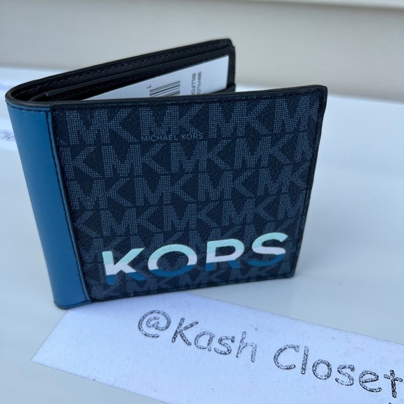 Michael Kors Cooper Mens Wallet Billfold Logo and Faux Leather -Blue - Picture 1 of 7